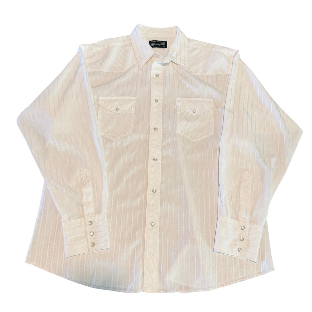 Wrangler Mens XL Authentic Western Shirt White Dobby Stripe Pearl Snap LS